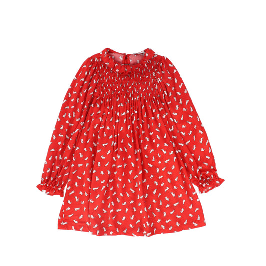 PICCOLA LUDO RED BUNNY PRINT SMOCK DRESS