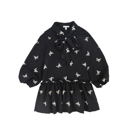 PICCOLA LUDO BLACK EMBROIDERED FLORAL TIE DRESS