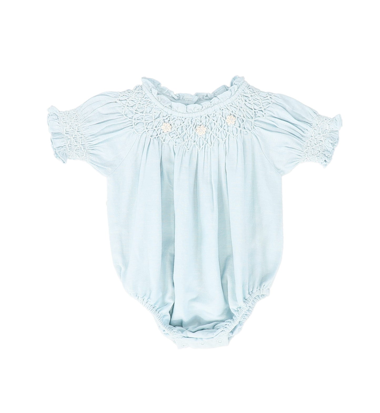 BEBE ORGANIC PALE BLUE FLORAL EMBROIDERED ROMPER [FINAL SALE]