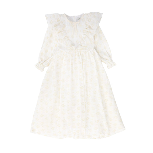 ALAPAGE WHITE GAUZE EMBROIDERED RUFFLE TRIM MIDI DRESS