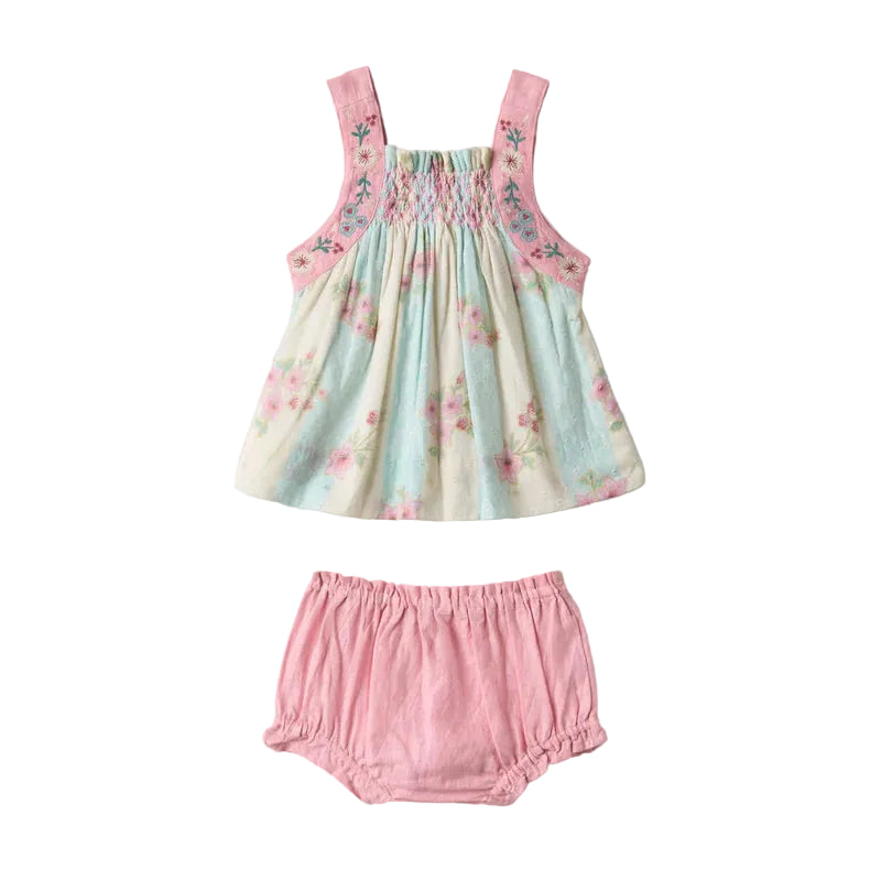 LALI KIDS MINT/PINK FLORAL SMOCK BLOOMER SET [FINAL SALE]