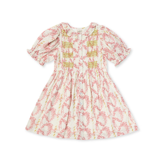 LALI WHITE/PINK ROSE PRINTED PUFF SLEEVE DRESS