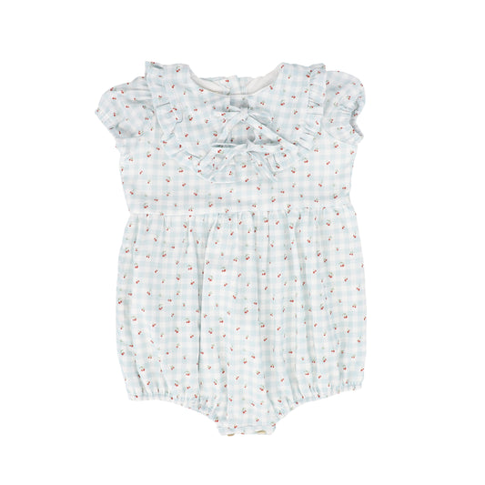 COSMOSOPHIE LIGHT BLUE CHECKED CHERRY PRINTED ROMPER