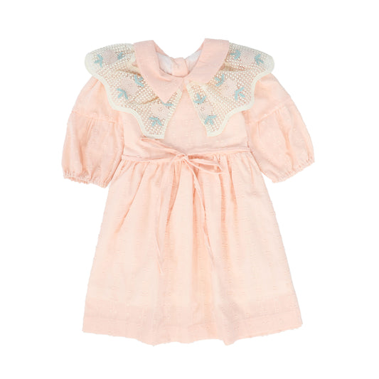 COSMOSOPHIE PINK TEXTURED EMBROIDERED COLLAR DRESS