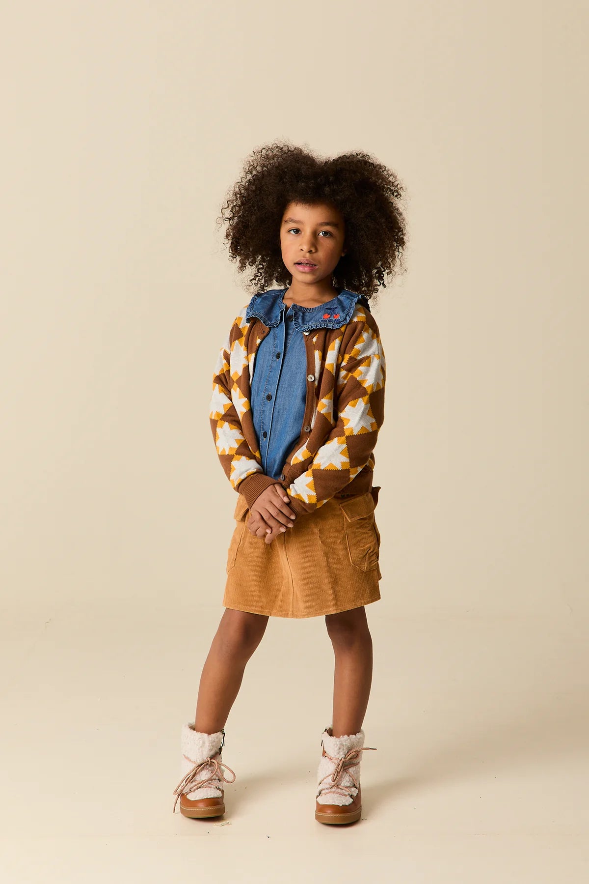 WANDER & WONDER DENIM EMBROIDERED CHERRY COLLAR BLOUSE