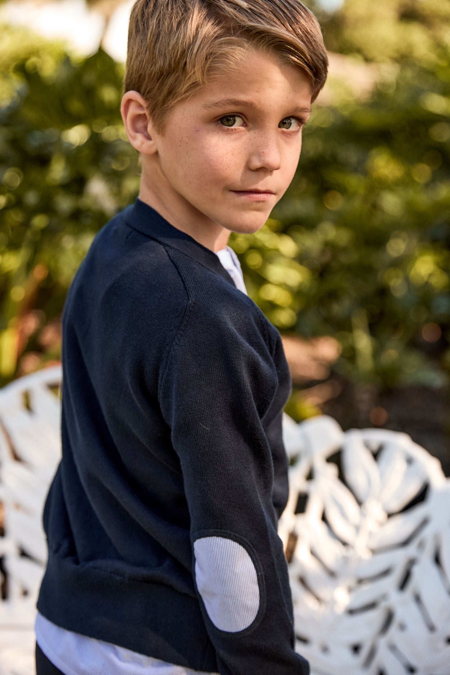 LITTLE PARNI NAVY ELBOW PATCH CARDIGAN