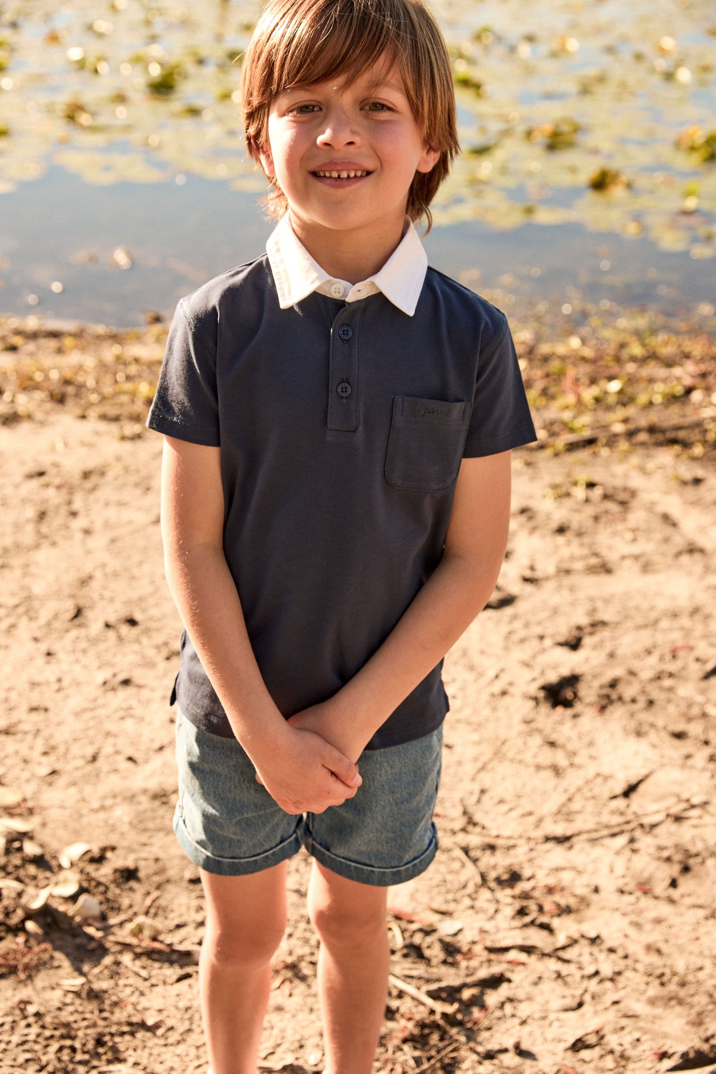 LITTLE PARNI NAVY TRIM LOGO EMBROIDERED POLO