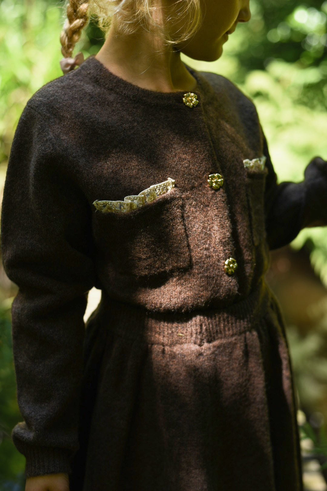 LRDM PETITS BROWN KNIT RUFFLE TRIM POCKET CARDIGAN