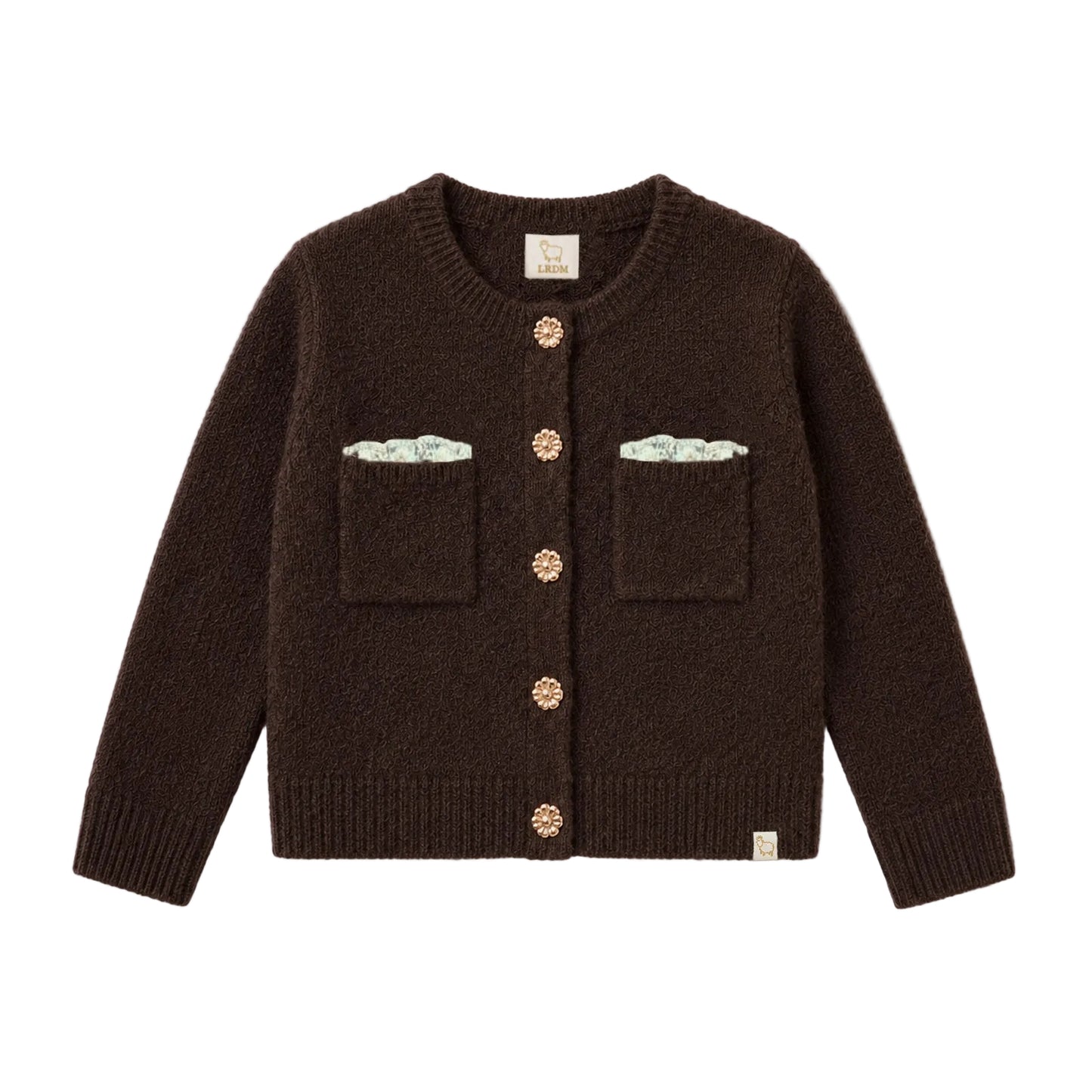LRDM PETITS BROWN KNIT RUFFLE TRIM POCKET CARDIGAN
