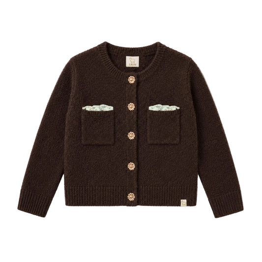LRDM PETITS BROWN KNIT RUFFLE TRIM POCKET CARDIGAN