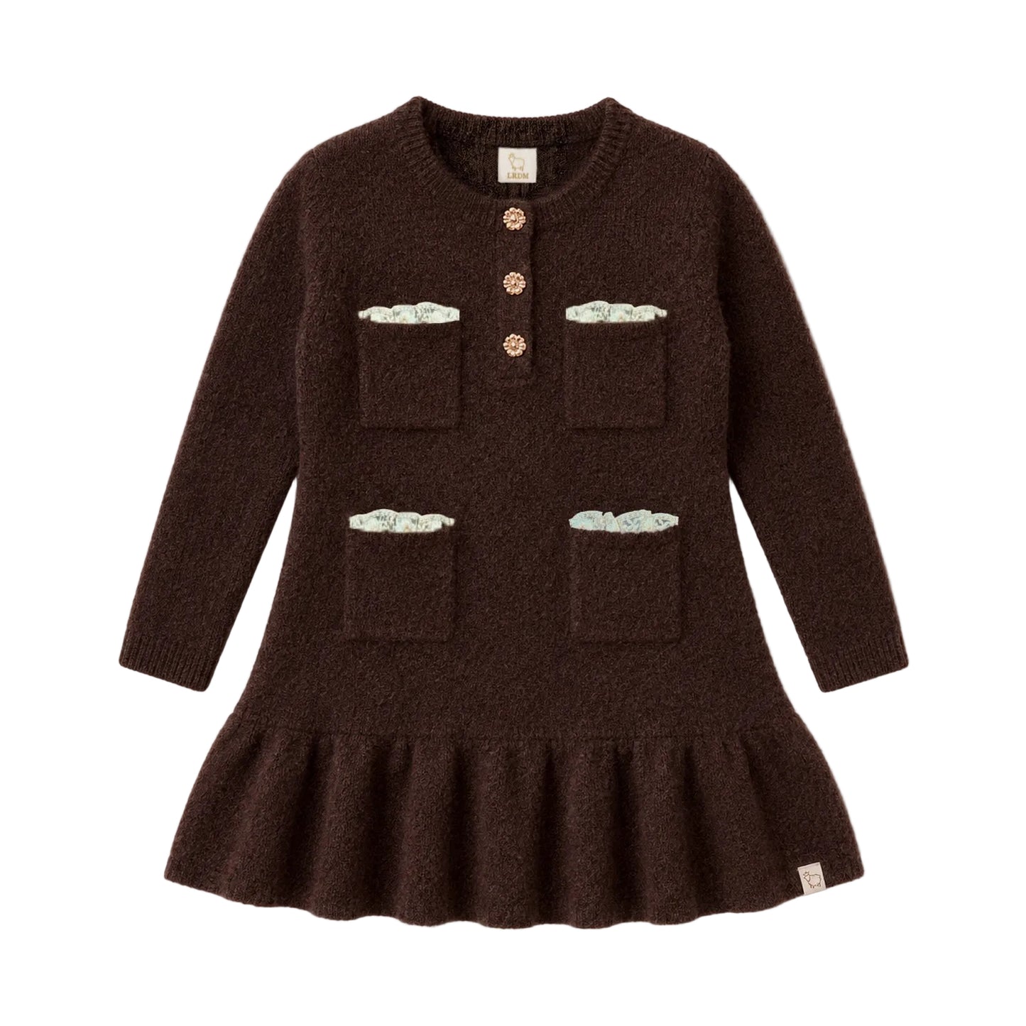 LRDM PETITS BROWN KNIT RUFFLE TRIM POCKET DRESS