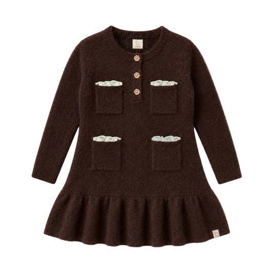 LRDM PETITS BROWN KNIT RUFFLE TRIM POCKET DRESS