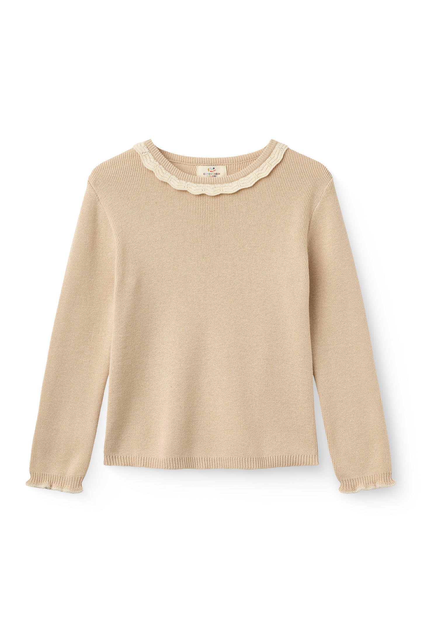 COPENHAGEN COLOR BEIGE/CREAM SCALLOP TRIM KNIT SWEATER