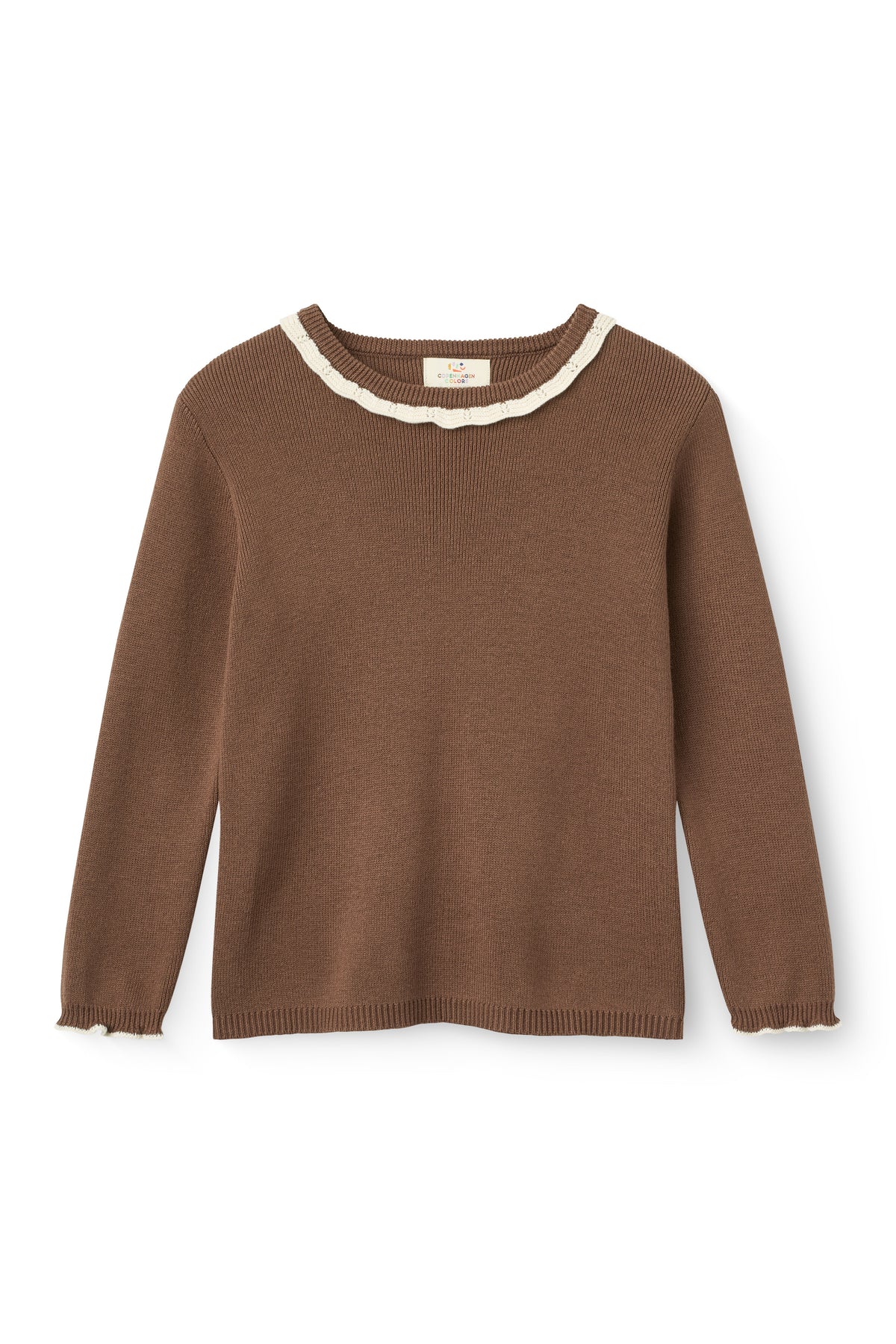 COPENHAGEN COLOR WALNUT/CREAM SCALLOP TRIM KNIT SWEATER