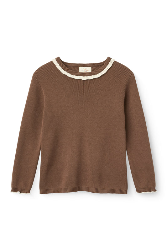 COPENHAGEN COLOR WALNUT/CREAM SCALLOP TRIM KNIT SWEATER