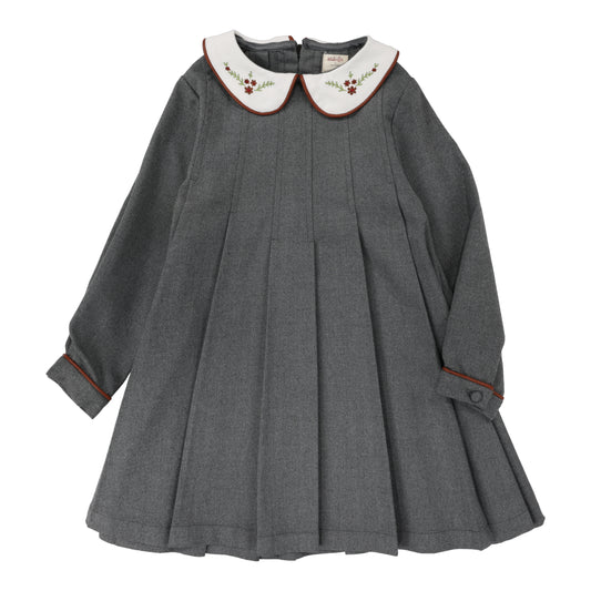 ANALOGIE GREY EMBROIDERED COLLAR PLEATED DRESS