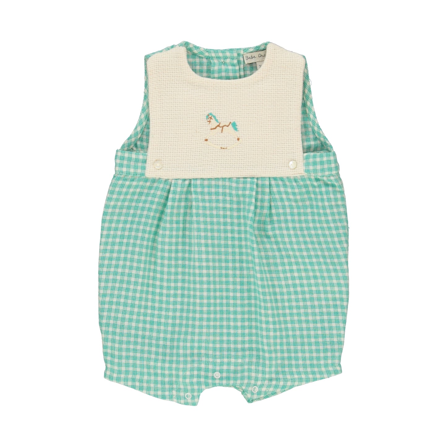 BEBE ORGANIC TURQUOISE CHECKED BIB ROMPER