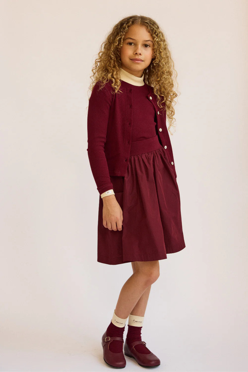 LITTLE PARNI BURGUNDY TAFFETA SKIRT