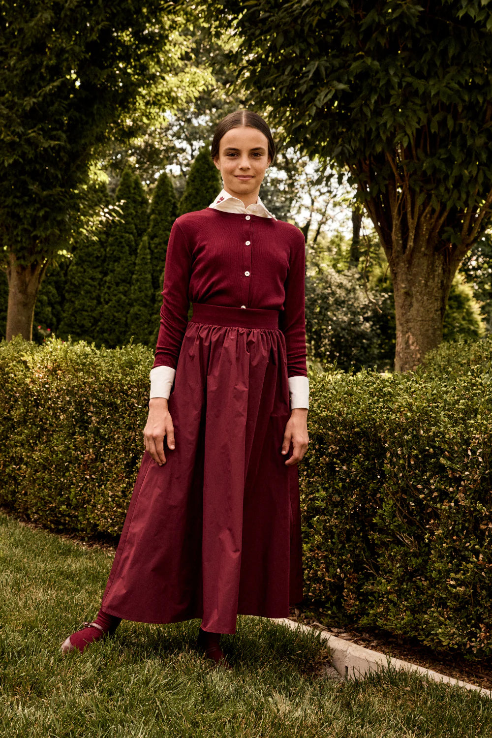 LITTLE PARNI BURGUNDY TAFFETA MIDI SKIRT