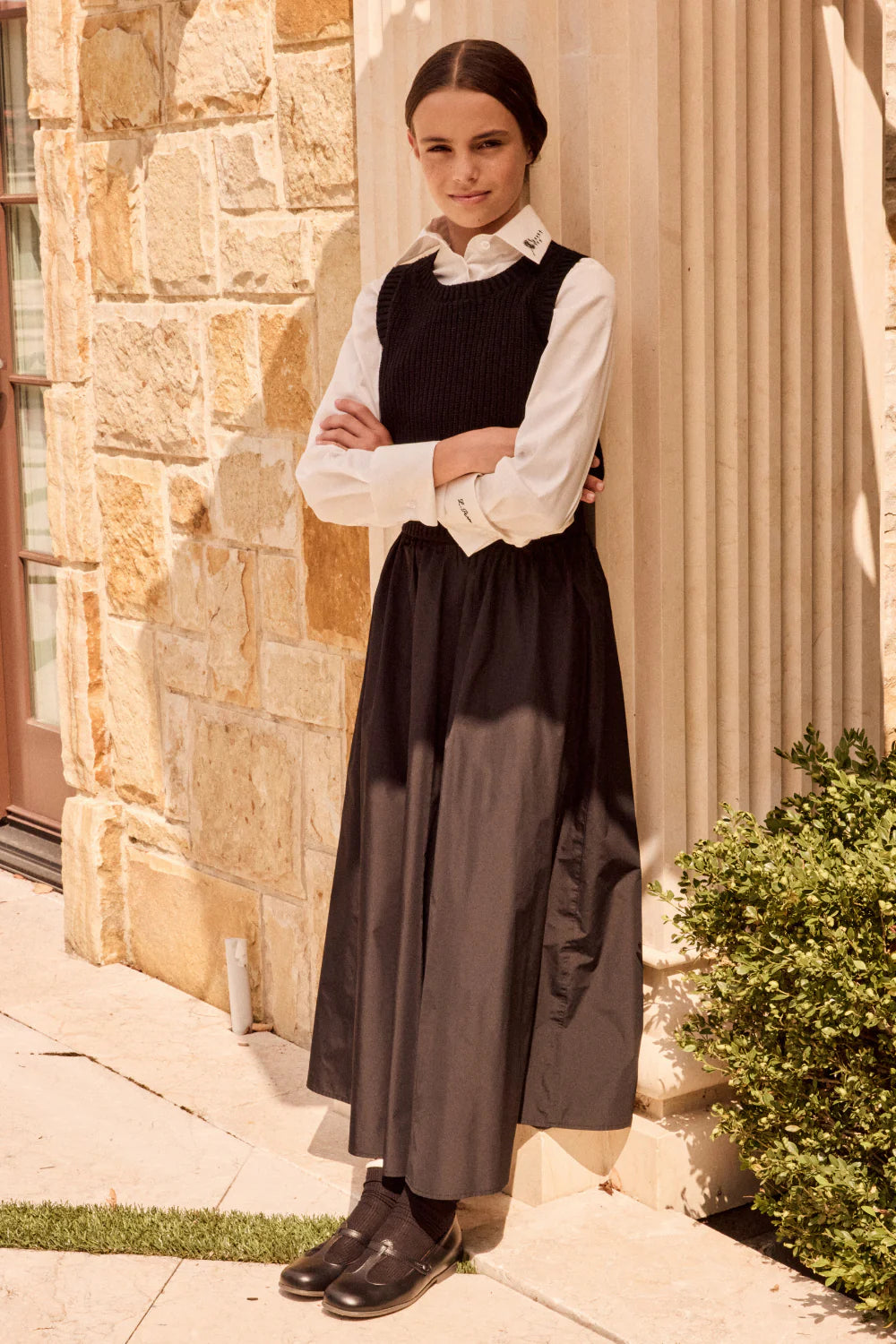 LITTLE PARNI BLACK TAFFETA MIDI SKIRT