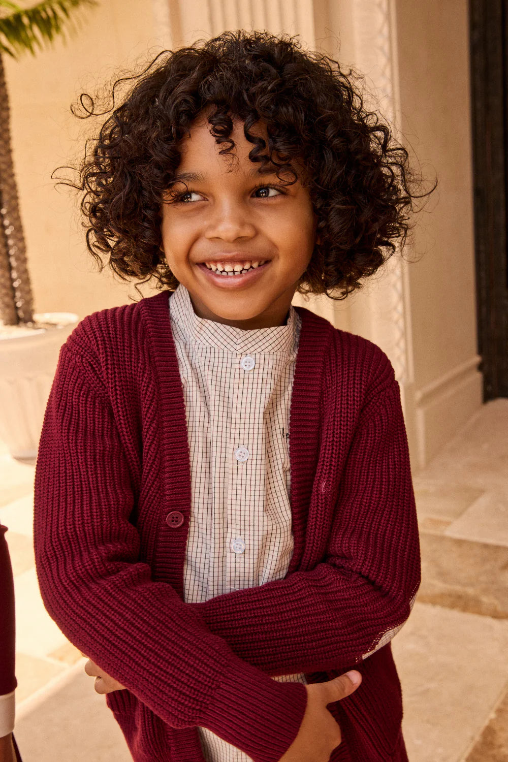 LITTLE PARNI BURGUNDY ELBOW PATCH CARDIGAN