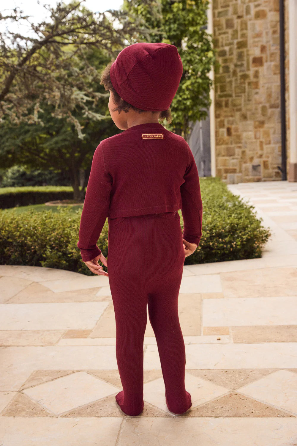 LITTLE PARNI BURGUNDY RHINESTONE TRIM FOOTIE + BONNET