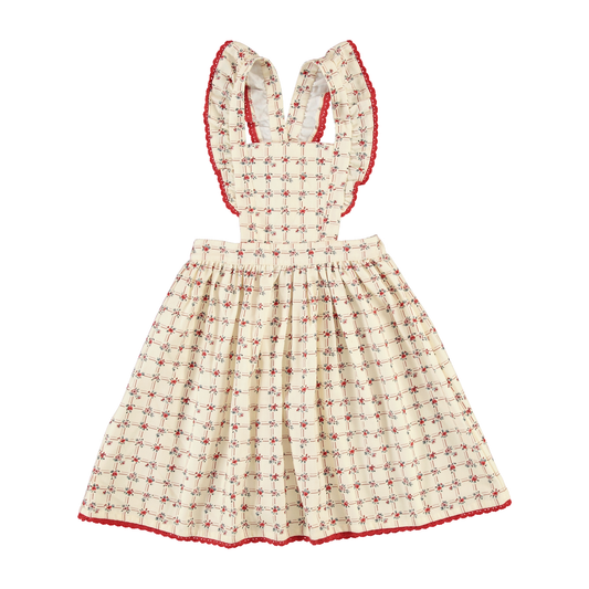 BEBE ORGANIC CREAM/RED FLORAL GRID APRON DRESS