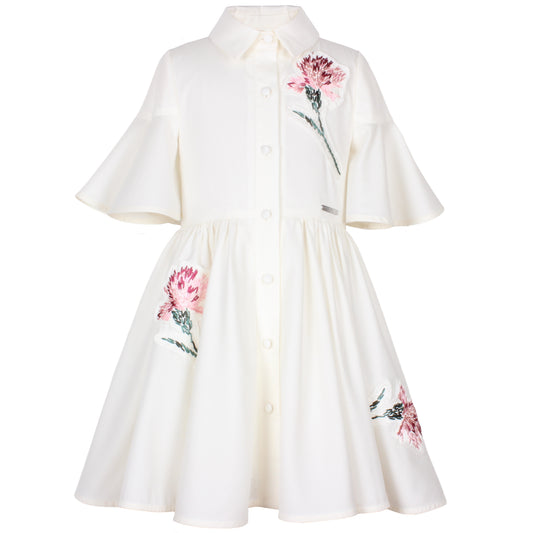 JESSE AND JAMES WHITE EMBROIDERED FLUTTER SLEEVE DRESS