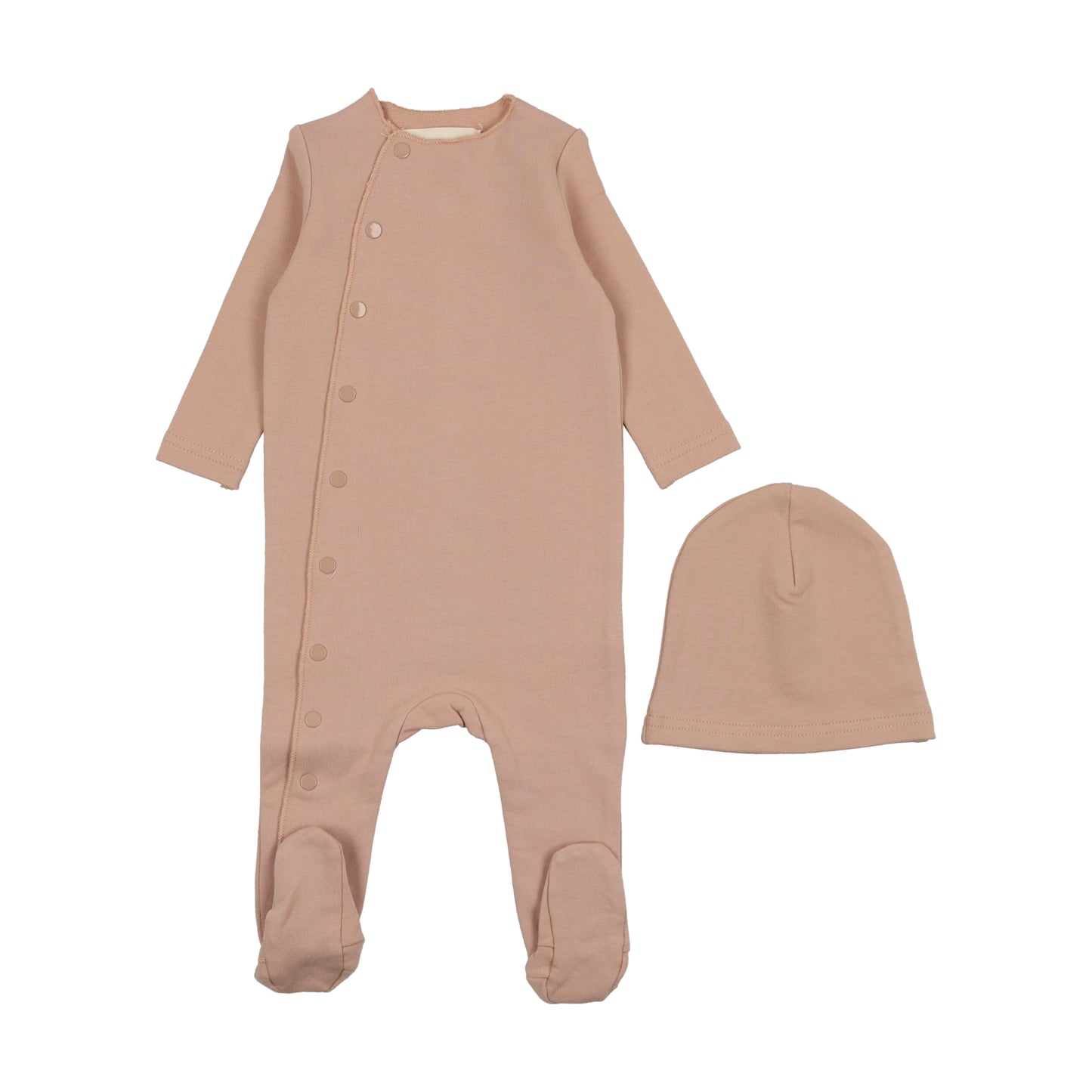 MEMA KNITS PINK SIDE SNAP CONTRAST FOOTIE + BEANIE