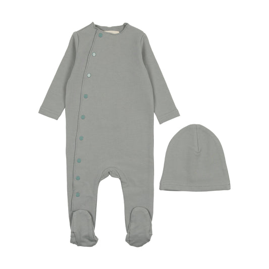 MEMA KNITS POWDER BLUE SIDE SNAP CONTRAST FOOTIE + BEANIE