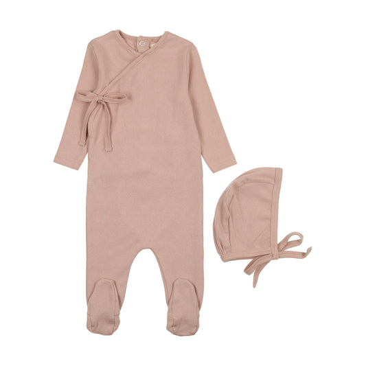 MEMA KNITS PALE PINK POINTELLE HEART FOOTIE + BONNET