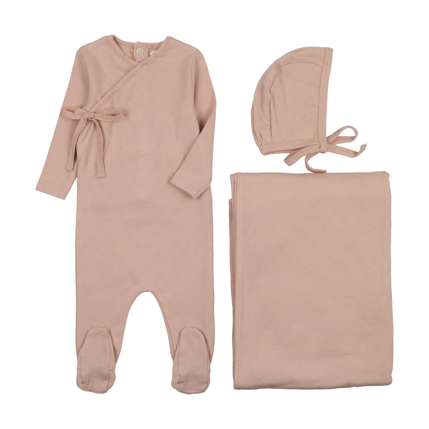 MEMA KNITS PALE PINK POINTELLE HEART 3 PIECE SET