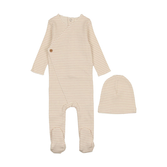 MEMA KNITS CREAM/PALE PINK STRIPED SIDE BUTTON FOOTIE + BEANIE