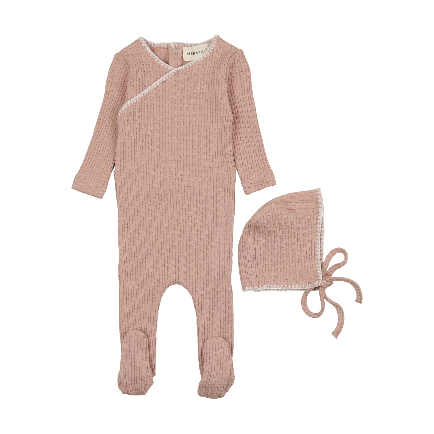 MEMA KNITS PALE PINK & CREAM STITCH TEXTURED EMBROIDERED EDGE FOOTIE [FINAL SALE]