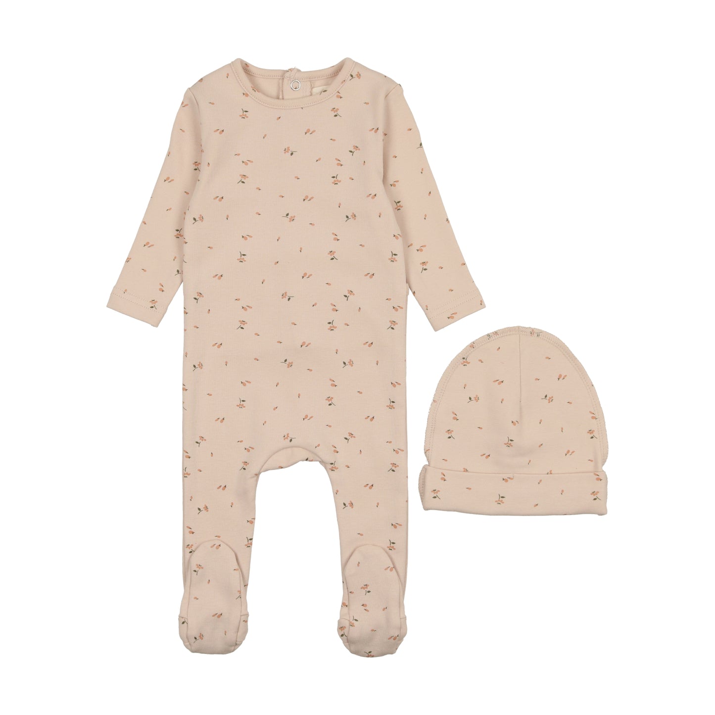 MEMA KNITS PINK FLORAL FOOTIE + BEANIE