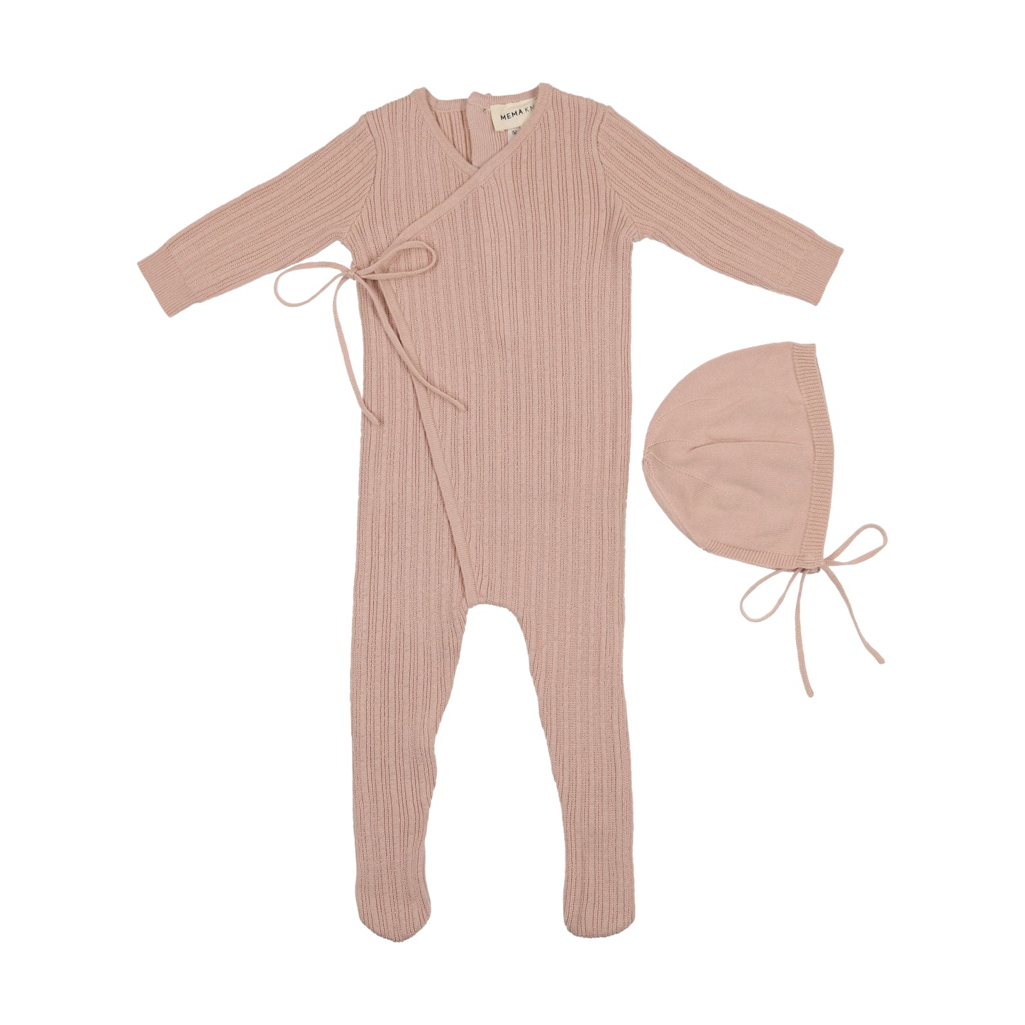 MEMA KNITS PINK TINT MOCK WRAP FOOTIE + BONNET