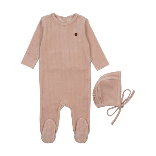MEMA KNITS PINK VELOUR HEART EMBROIDERED FOOTIE + BONNET