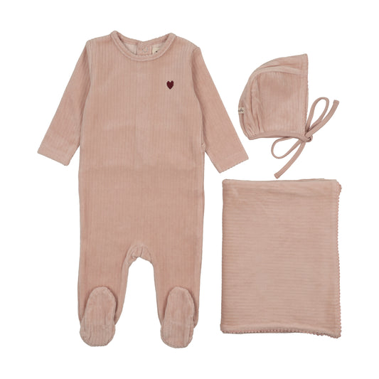 MEMA KNITS PINK VELOUR HEART EMBROIDERED SET