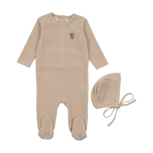 MEMA KNITS OATMEAL VALOUR BALLOON EMBROIDERED FOOTIE + BONNET