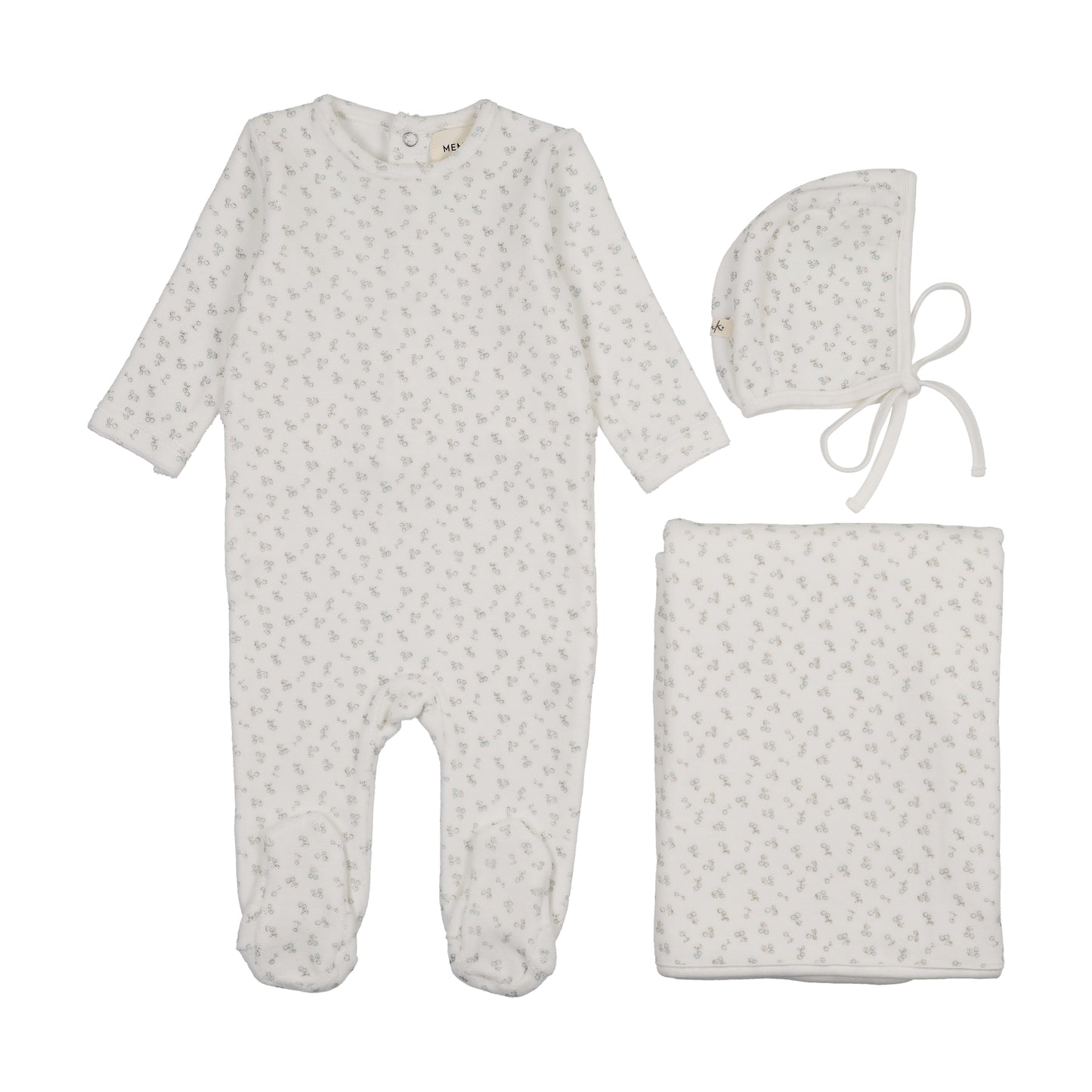MEMA KNITS BLUE VELOUR CHERRY PRINT SET