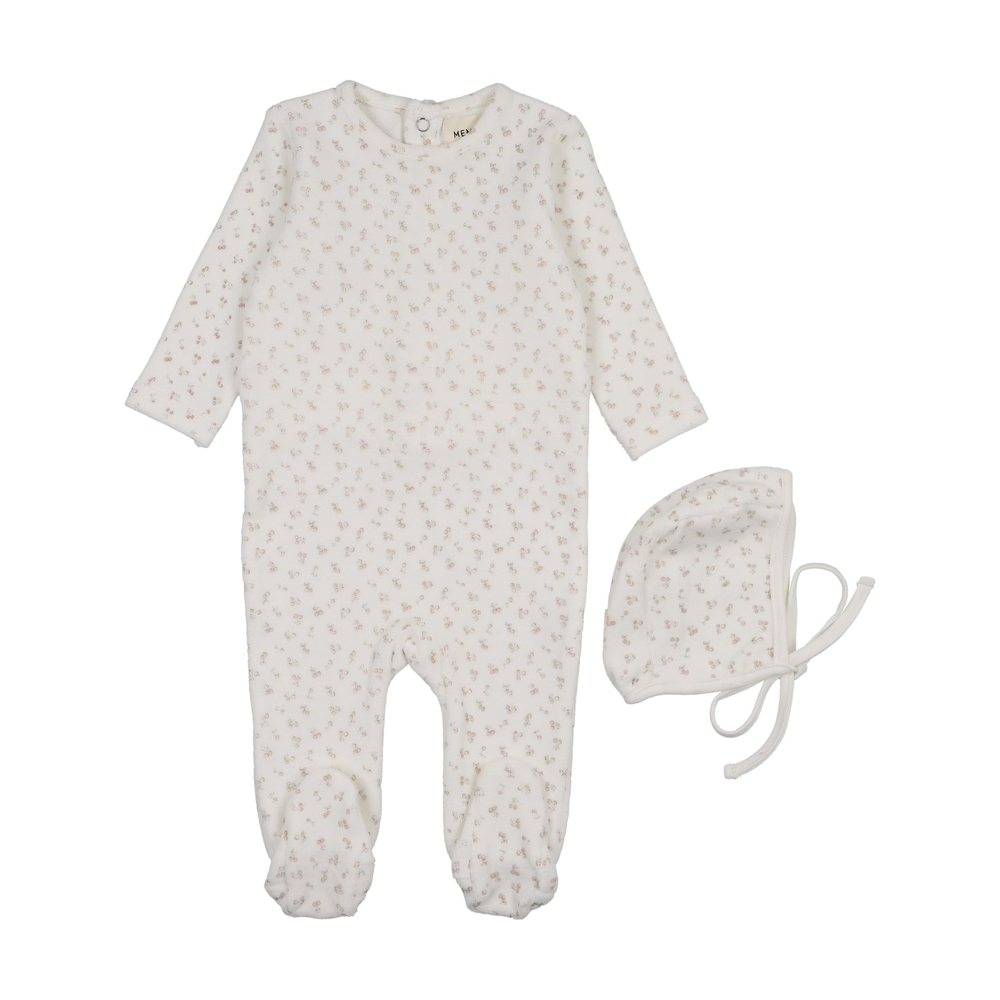 MEMA KNITS PINK VELOUR CHERRY PRINT FOOTIE + BONNET