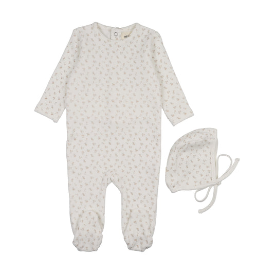 MEMA KNITS PINK VELOUR CHERRY PRINT FOOTIE + BONNET