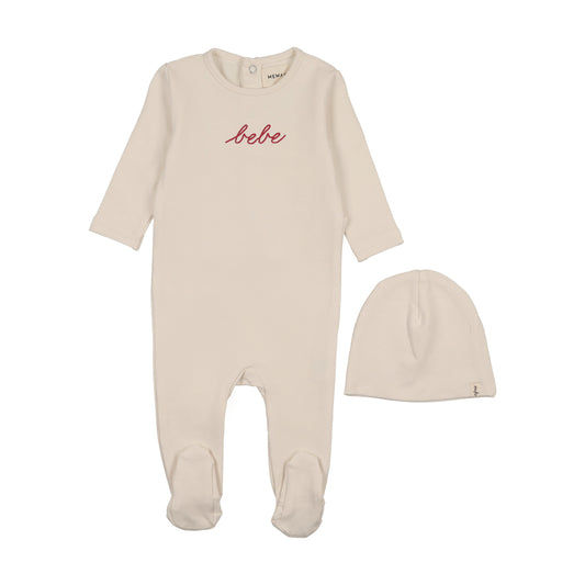 MEMA KNITS IVORY/ROSEWOOD TERRY WORDED FOOTIE + BEANIE
