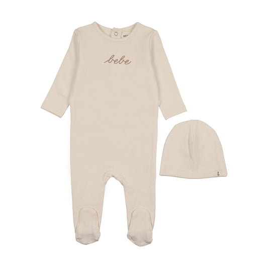 MEMA KNITS IVORY/TAUPE TERRY WORDED FOOTIE + BEANIE