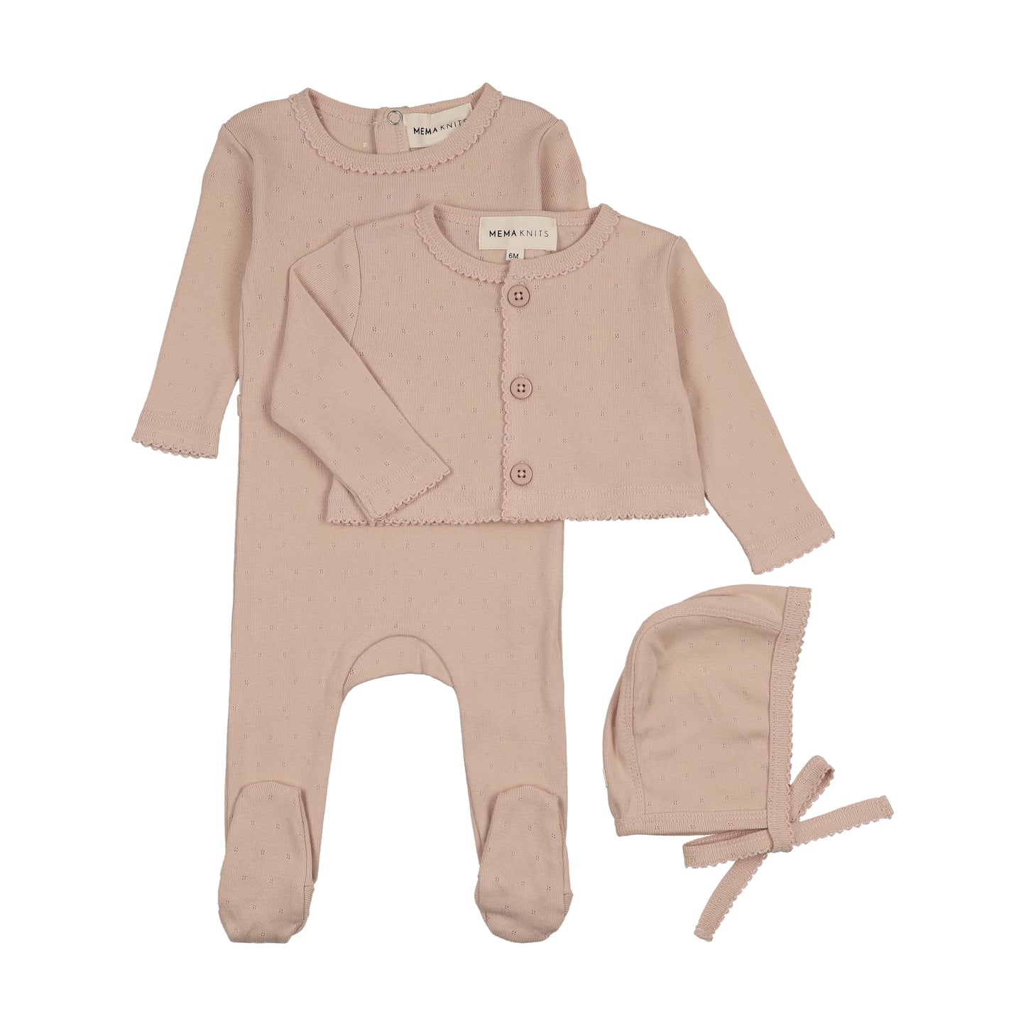 MEMA KNITS DEEP PINK POINTELLE FOOTIE + BONNET