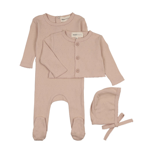 MEMA KNITS DEEP PINK POINTELLE FOOTIE + BONNET