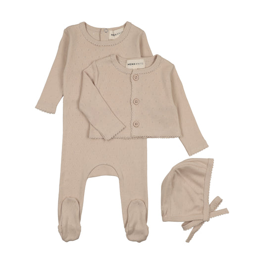 MEMA KNITS OATMEAL POINTELLE FOOTIE + BONNET