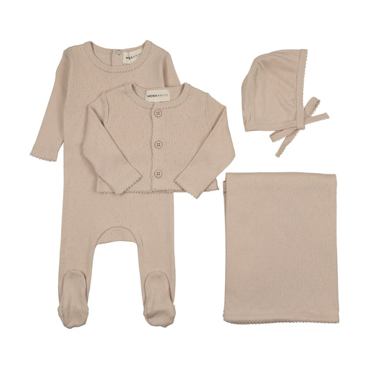 MEMA KNITS OATMEAL POINTELLE FOOTIE SET