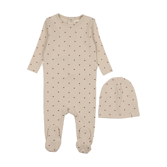 MEMA KNITS ECRU/RED HEART PRINT FOOTIE + BEANIE