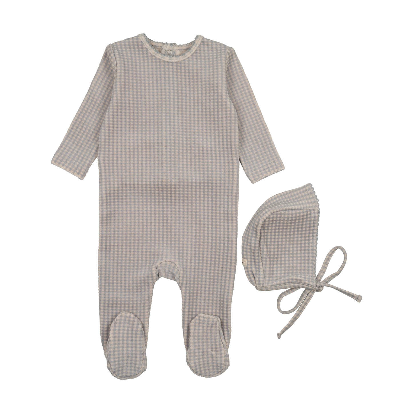 MEMA KNITS BLUE VELOUR GINGHAM FOOTIE + BONNET